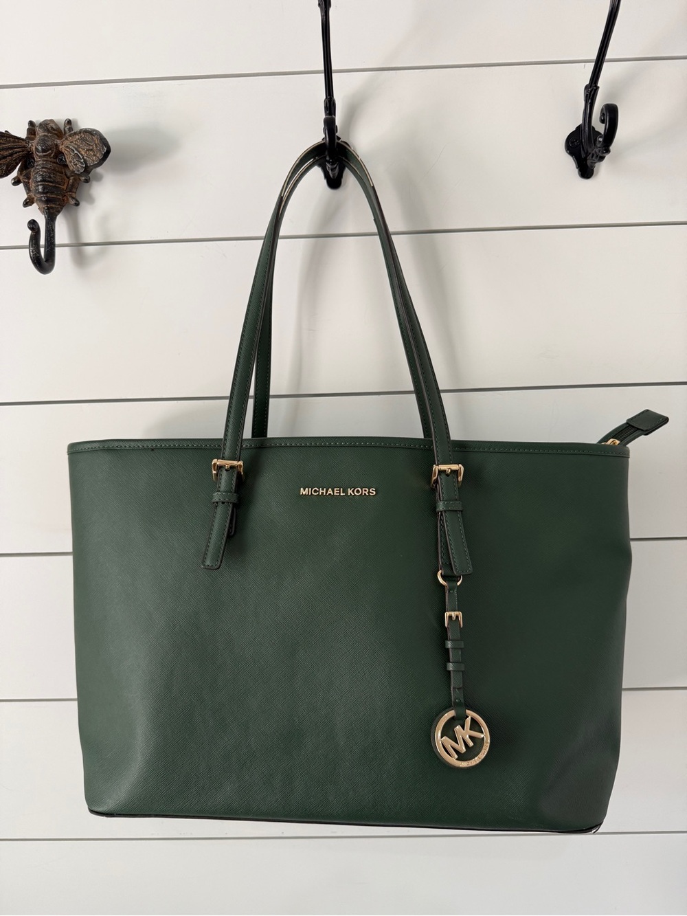 Michael Kors Forest Green Leather Tote with Gold Hardware